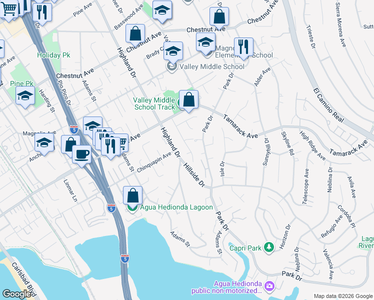 map of restaurants, bars, coffee shops, grocery stores, and more near 1490 Tara Court in Carlsbad