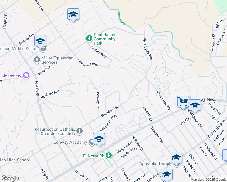 map of restaurants, bars, coffee shops, grocery stores, and more near 1605 Tibidabo Drive in Escondido