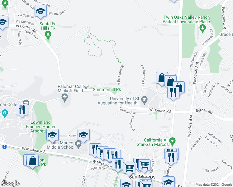 map of restaurants, bars, coffee shops, grocery stores, and more near 865 Bel Esprit Circle in San Marcos