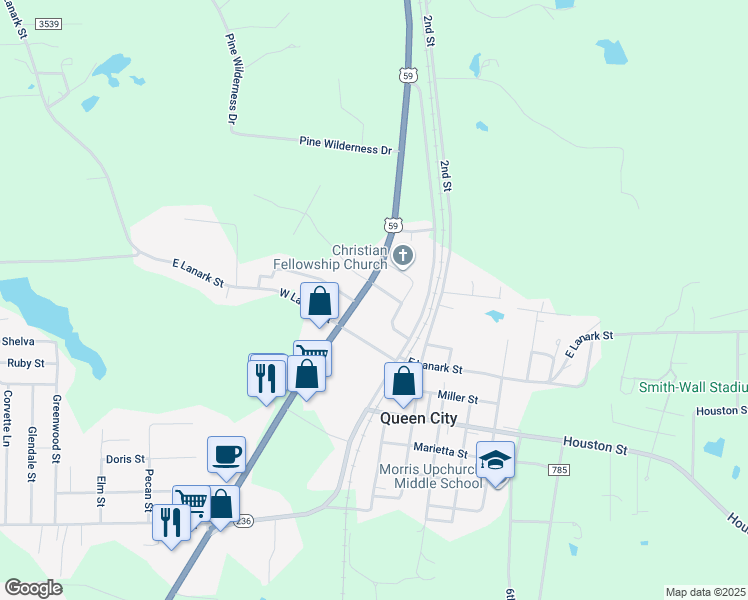 map of restaurants, bars, coffee shops, grocery stores, and more near 1102 U.S. 59 in Queen City