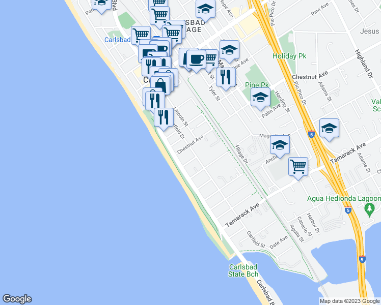 map of restaurants, bars, coffee shops, grocery stores, and more near 3423 Garfield Street in Carlsbad
