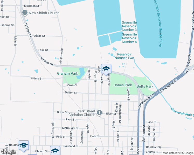 map of restaurants, bars, coffee shops, grocery stores, and more near 825 Edgar Street in Greenville