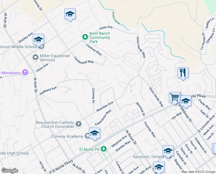map of restaurants, bars, coffee shops, grocery stores, and more near 1605 Tibidabo Drive in Escondido