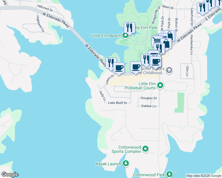 map of restaurants, bars, coffee shops, grocery stores, and more near 2041 Waterview Drive in Little Elm