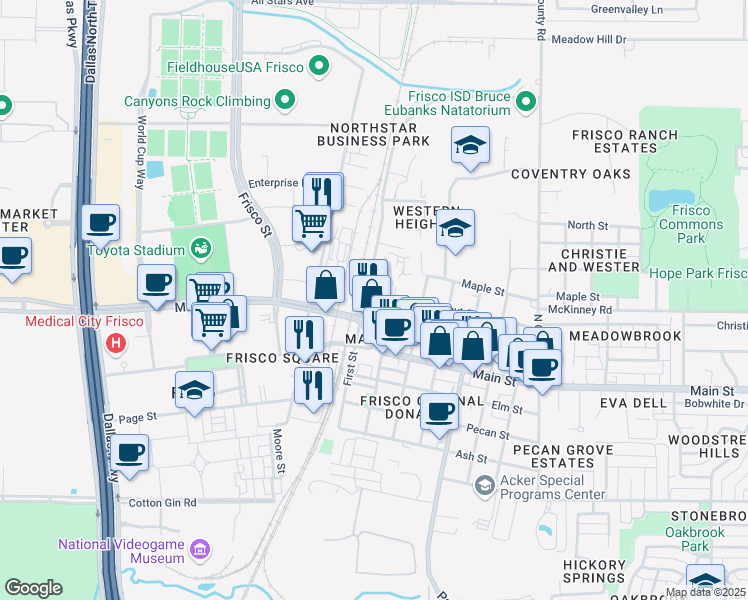 map of restaurants, bars, coffee shops, grocery stores, and more near 9090 1st Street in Frisco