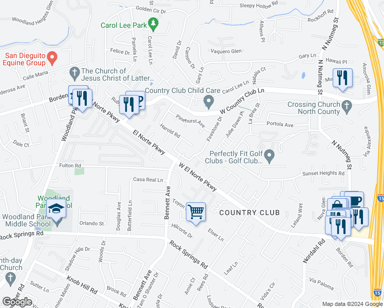 map of restaurants, bars, coffee shops, grocery stores, and more near 1731 Firestone Drive in Escondido