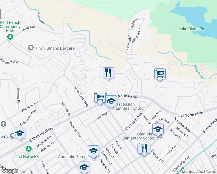map of restaurants, bars, coffee shops, grocery stores, and more near 1364 Greenway Rise in Escondido