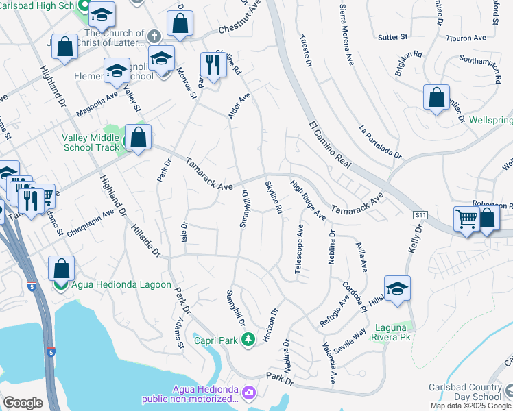 map of restaurants, bars, coffee shops, grocery stores, and more near 4190 Sunnyhill Drive in Carlsbad
