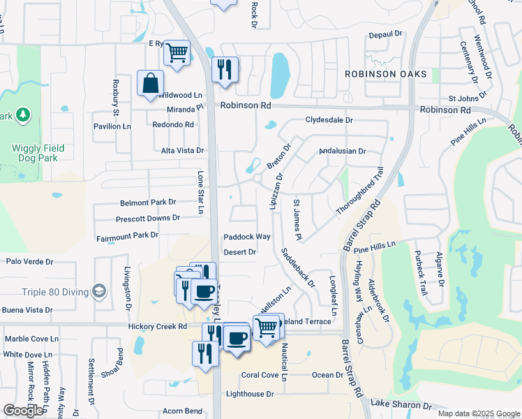 map of restaurants, bars, coffee shops, grocery stores, and more near 6105 English Saddle Lane in Denton