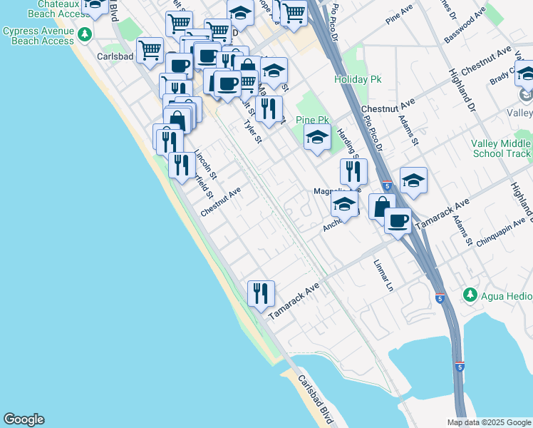 map of restaurants, bars, coffee shops, grocery stores, and more near 378 Acacia Avenue in Carlsbad