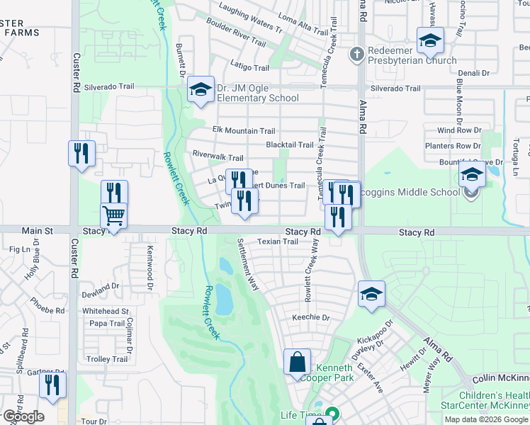 map of restaurants, bars, coffee shops, grocery stores, and more near 8208 Indian Palms Trail in McKinney