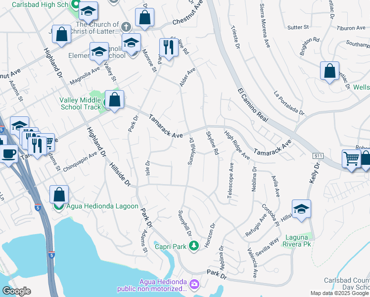map of restaurants, bars, coffee shops, grocery stores, and more near 4143 Sunnyhill Drive in Carlsbad