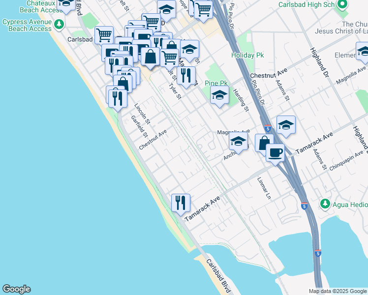 map of restaurants, bars, coffee shops, grocery stores, and more near 378 Acacia Avenue in Carlsbad