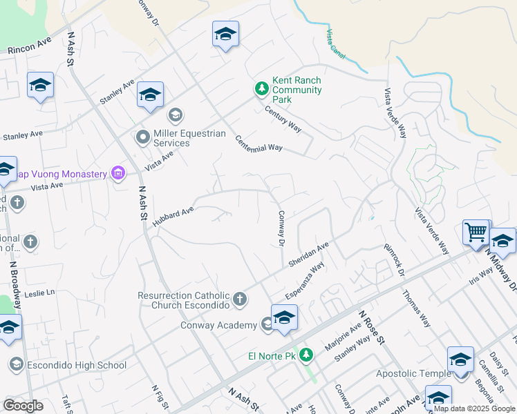 map of restaurants, bars, coffee shops, grocery stores, and more near Hubbard Place in Escondido