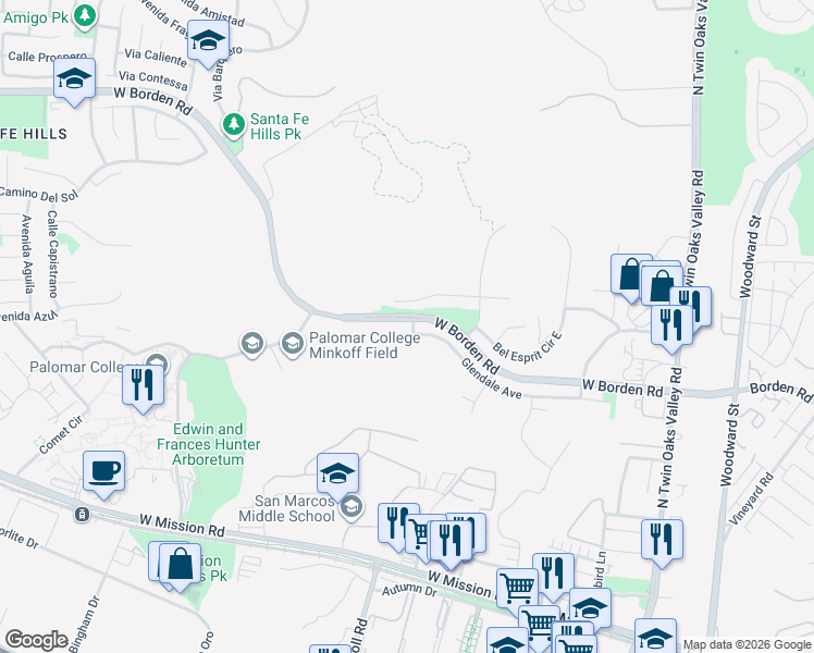 map of restaurants, bars, coffee shops, grocery stores, and more near 350 Glendale Avenue in San Marcos