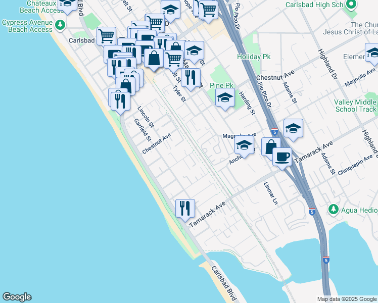 map of restaurants, bars, coffee shops, grocery stores, and more near 378 Acacia Avenue in Carlsbad