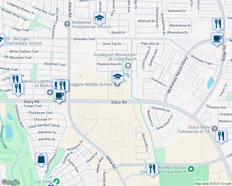 map of restaurants, bars, coffee shops, grocery stores, and more near 7070 Stacy Road in McKinney
