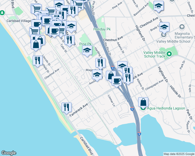 map of restaurants, bars, coffee shops, grocery stores, and more near 640 Anchor Way in Carlsbad