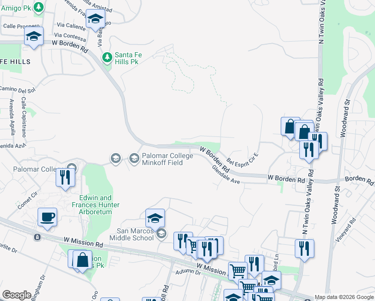 map of restaurants, bars, coffee shops, grocery stores, and more near 350 Glendale Avenue in San Marcos