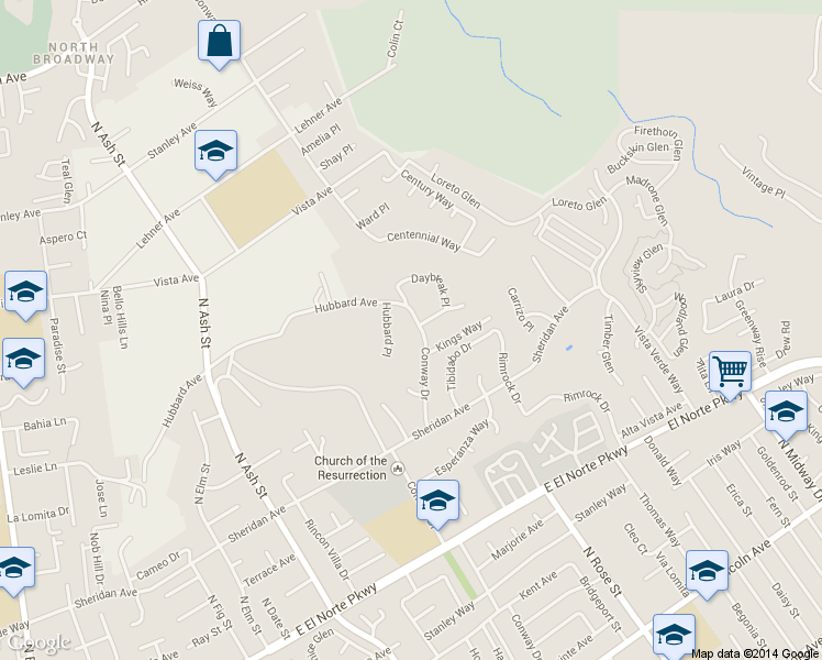 map of restaurants, bars, coffee shops, grocery stores, and more near 1621 Conway Drive in Escondido
