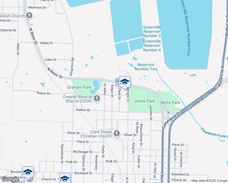 map of restaurants, bars, coffee shops, grocery stores, and more near 825 Edgar Street in Greenville