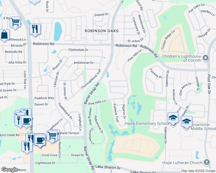 map of restaurants, bars, coffee shops, grocery stores, and more near 6300 Penina Trail in Denton