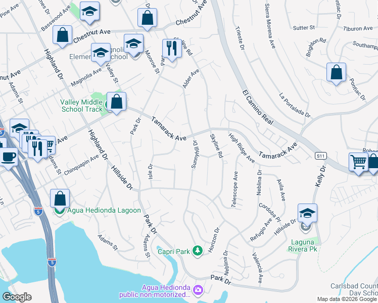 map of restaurants, bars, coffee shops, grocery stores, and more near 4143 Sunnyhill Drive in Carlsbad