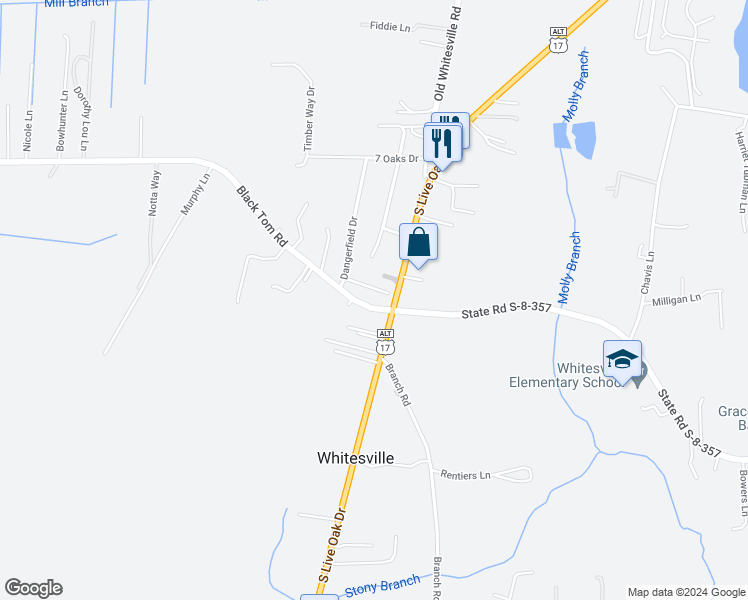 map of restaurants, bars, coffee shops, grocery stores, and more near 1009 Black Tom Road in Moncks Corner