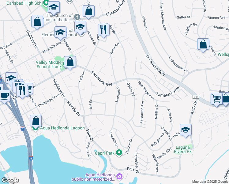 map of restaurants, bars, coffee shops, grocery stores, and more near 4143 Sunnyhill Drive in Carlsbad