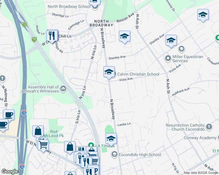 map of restaurants, bars, coffee shops, grocery stores, and more near 1868 North Broadway in Escondido