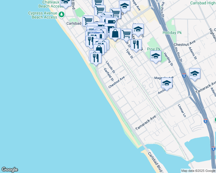 map of restaurants, bars, coffee shops, grocery stores, and more near 140 Chestnut Avenue in Carlsbad