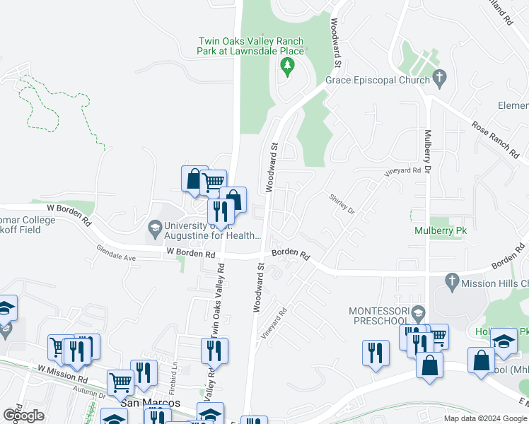 map of restaurants, bars, coffee shops, grocery stores, and more near 762 Woodward Street in San Marcos