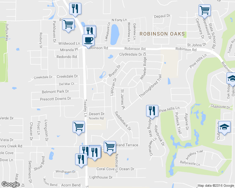 map of restaurants, bars, coffee shops, grocery stores, and more near 6113 Saddleback Drive in Denton