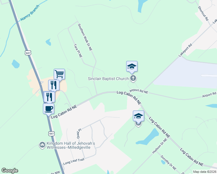 map of restaurants, bars, coffee shops, grocery stores, and more near 156 Log Cabin Road Northeast in Milledgeville