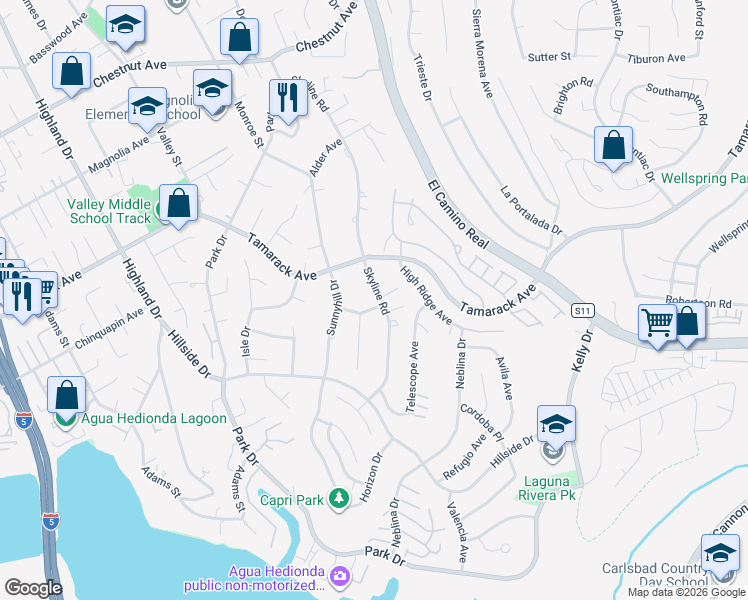 map of restaurants, bars, coffee shops, grocery stores, and more near 4155 Skyline Road in Carlsbad