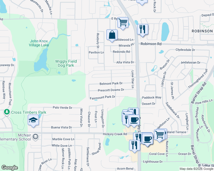 map of restaurants, bars, coffee shops, grocery stores, and more near 2104 Belmont Park Drive in Denton