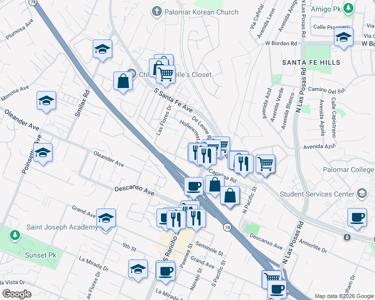 map of restaurants, bars, coffee shops, grocery stores, and more near 3524 Badillo Road in San Marcos