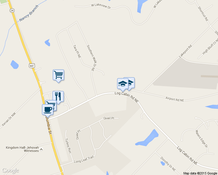 map of restaurants, bars, coffee shops, grocery stores, and more near 156 Log Cabin Road Northeast in Milledgeville