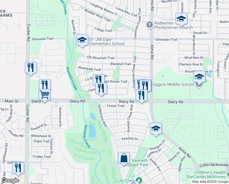 map of restaurants, bars, coffee shops, grocery stores, and more near 8208 Indian Palms Trail in McKinney