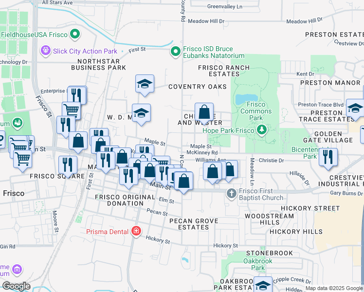 map of restaurants, bars, coffee shops, grocery stores, and more near 6942 Maple Street in Frisco