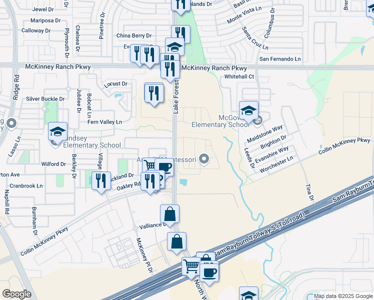 map of restaurants, bars, coffee shops, grocery stores, and more near 4825 McKinney Hollow Drive in McKinney