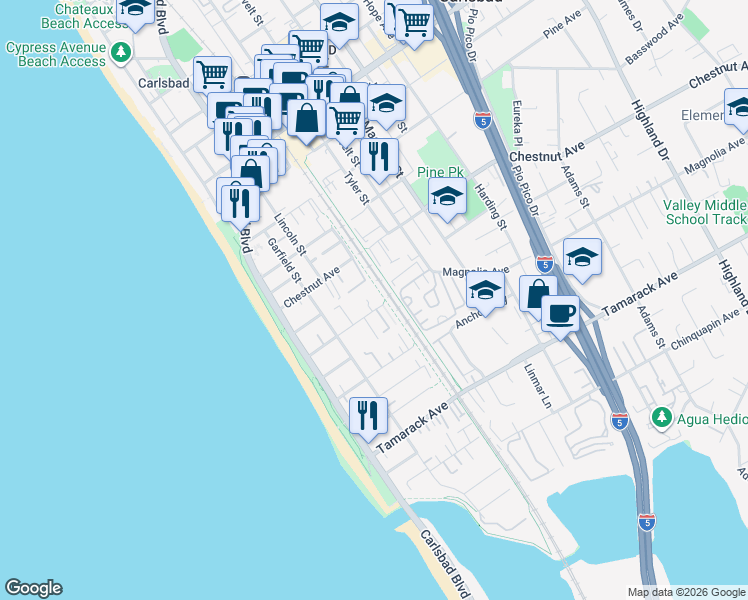 map of restaurants, bars, coffee shops, grocery stores, and more near 378 Acacia Avenue in Carlsbad