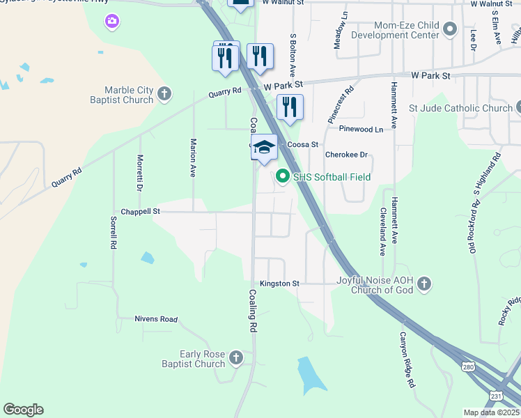 map of restaurants, bars, coffee shops, grocery stores, and more near 175 Chappell Street in Sylacauga