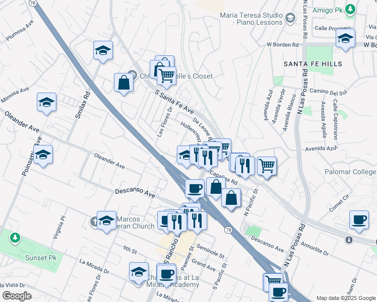 map of restaurants, bars, coffee shops, grocery stores, and more near 3522 Badillo Road in San Marcos