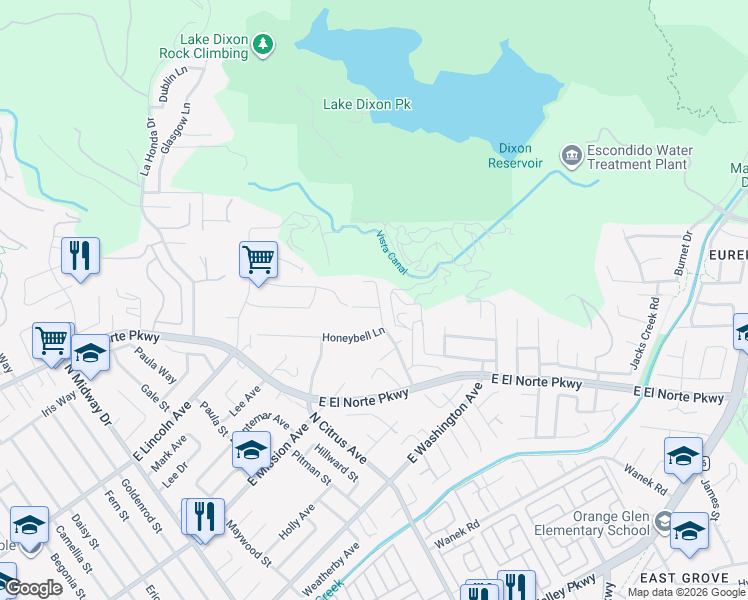 map of restaurants, bars, coffee shops, grocery stores, and more near 2690 Ponderosa Court in Escondido