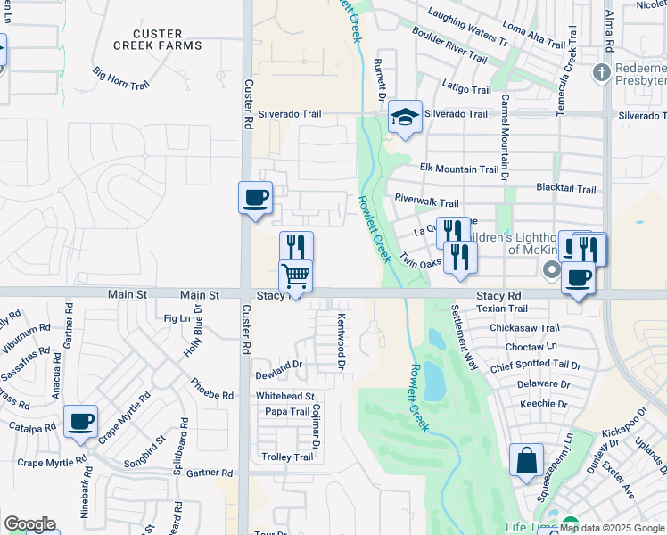 map of restaurants, bars, coffee shops, grocery stores, and more near 8700 Stacy Road in McKinney