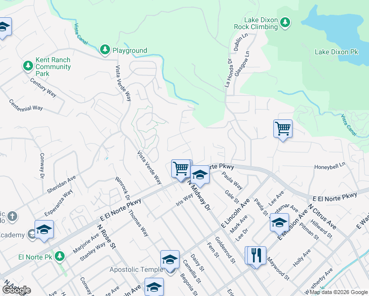 map of restaurants, bars, coffee shops, grocery stores, and more near 1364 Greenway Rise in Escondido