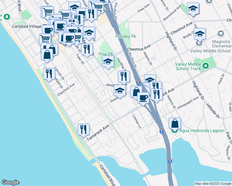 map of restaurants, bars, coffee shops, grocery stores, and more near 640 Anchor Way in Carlsbad