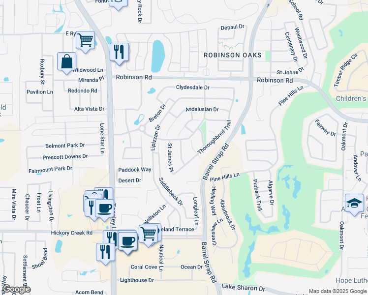 map of restaurants, bars, coffee shops, grocery stores, and more near 6116 Highfield Park in Denton