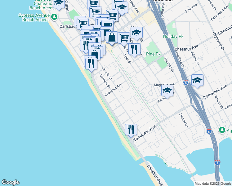 map of restaurants, bars, coffee shops, grocery stores, and more near 3423 Garfield Street in Carlsbad